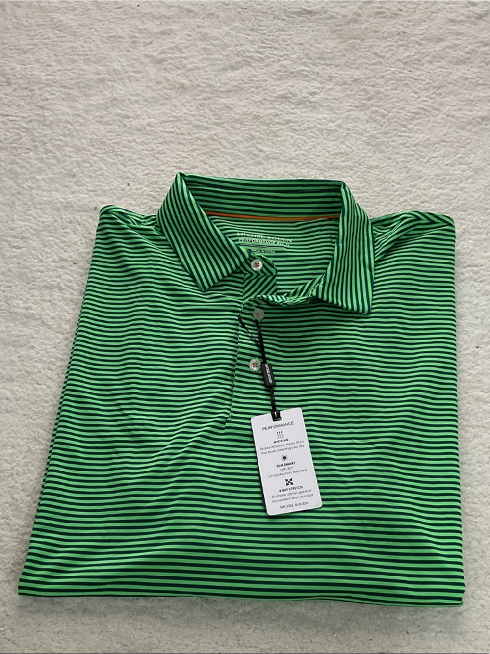 Michel Rouen Green Striped Performance Polo Shirt